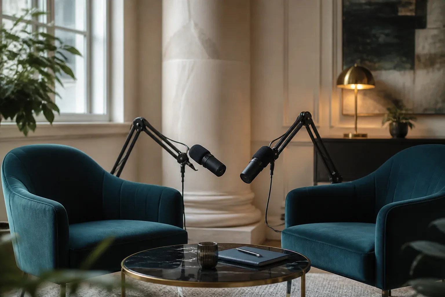 A podcast studio prepared for a meaningful conversation