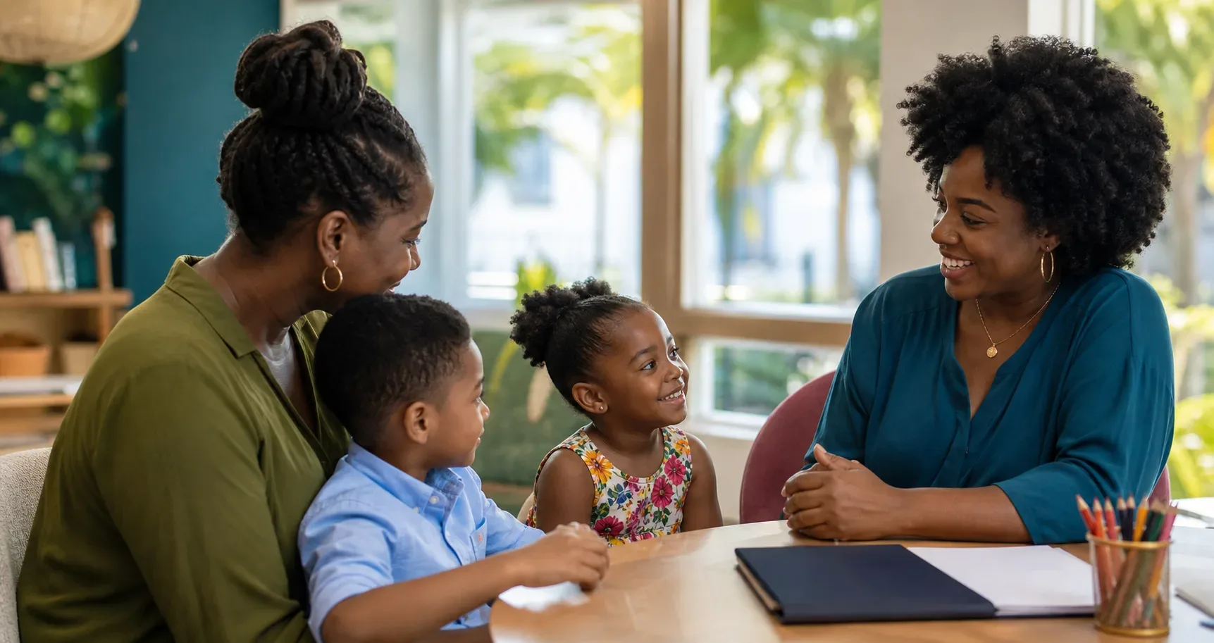 Illustrative editorial scene of a family meeting with a caring community advocate