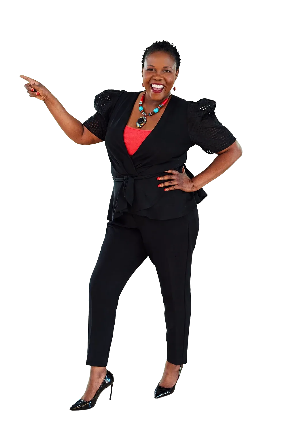 Melissa P. Dunn smiling and pointing forward