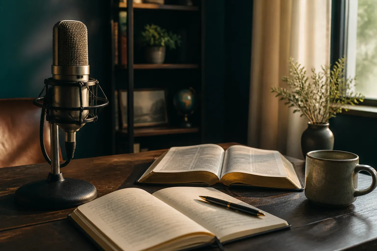 Podcast microphone beside an open Bible and journal