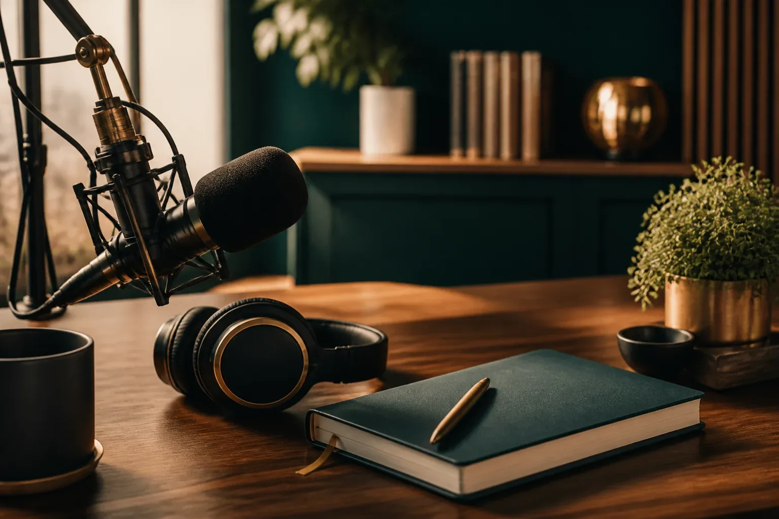 Podcast microphone, headphones, and business notebook