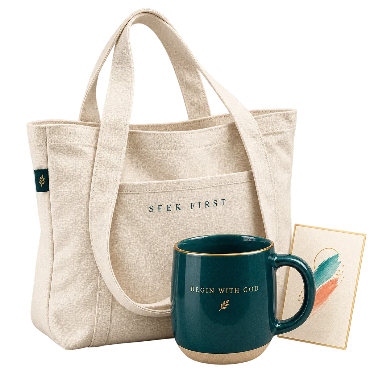 Seek First tote, Begin With God mug, and encouragement card