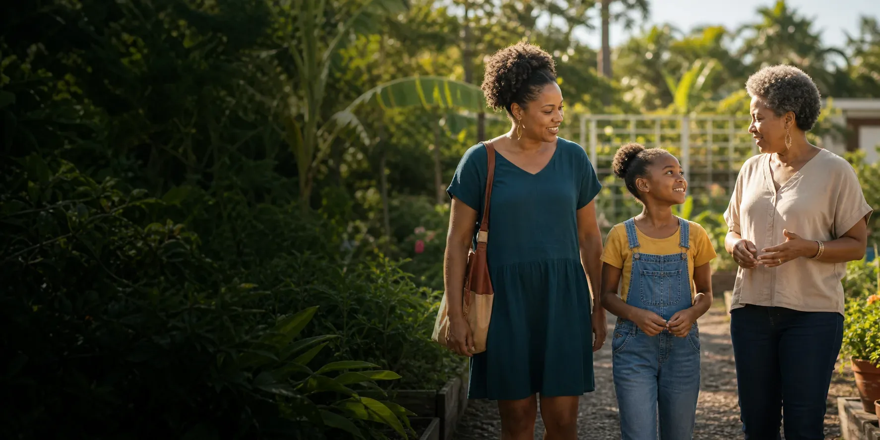 Illustrative editorial scene of a family walking with a community mentor