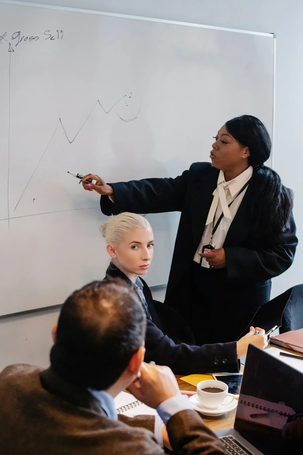 A business leader presenting a growth strategy to her team