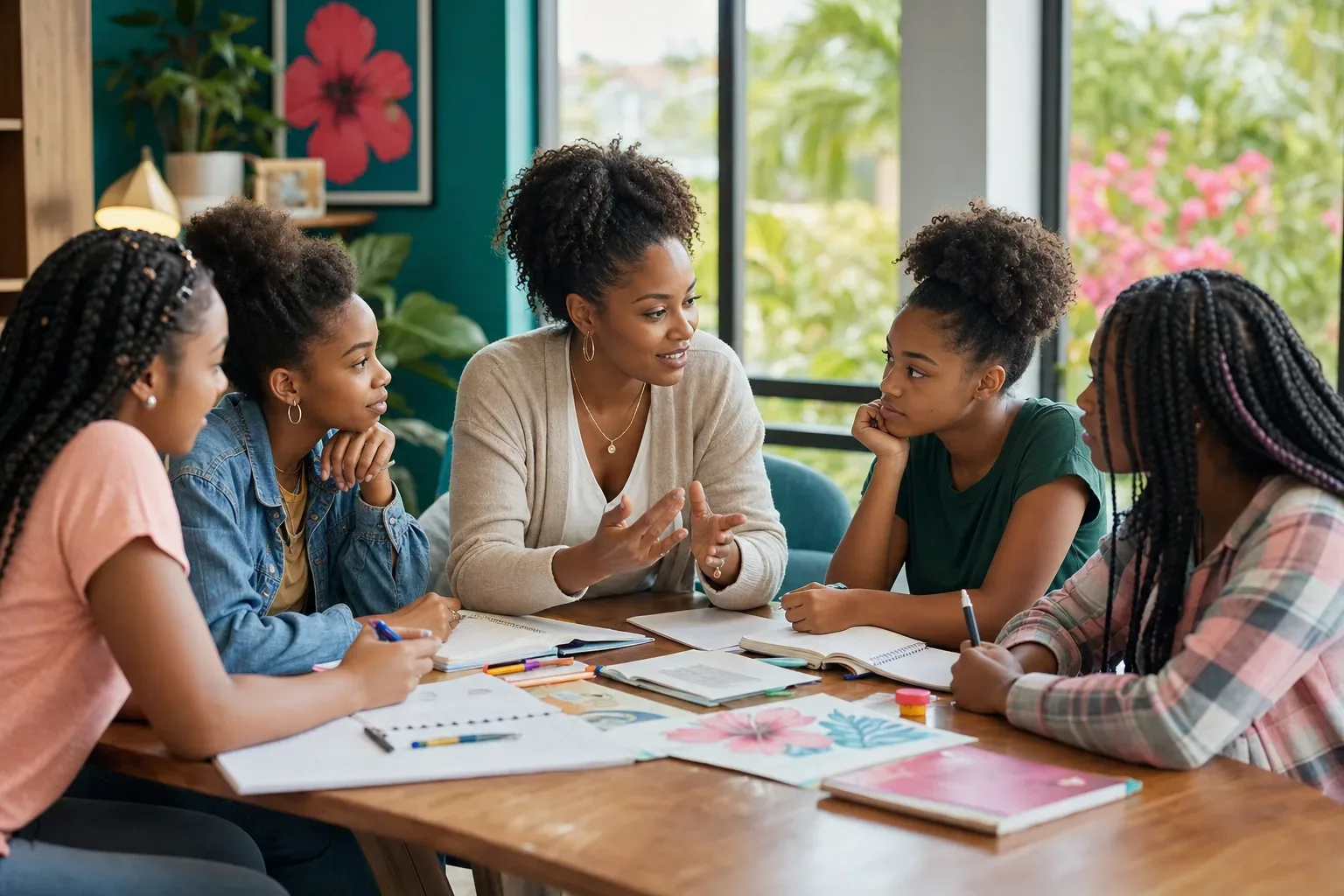 Illustrative editorial scene of a mentor leading a workshop with teenage girls